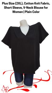 iChubby Plus Size (2XL) Cotton Knit Fabric Short Sleeve V-Neck Blouse for Women | Plain Color