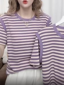 Pure Cotton Striped Short Sleeve T-Shirt Womens Retro Color Block Anti-Aging Top Fashionable Mom Clothes Summer New Arrival
