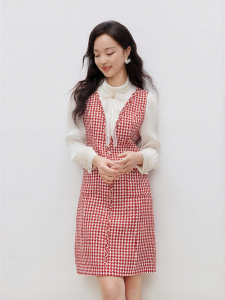 Koradior | Elegant Bubble Sleeve Houndstooth H-line Dress