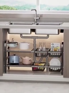 YOYO Carbon Steel Under Sink Organizer Rack Adjustable Kitchen Cabinet Storage Shelf Multi Layer Space Saving Shelf for Sink Area Bathroom and Home