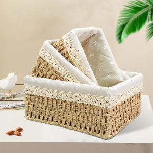 Rustic Rattan Storage Basket Fabric Dirty Clothes Basket Cosmetic Jewelry Storage Basket