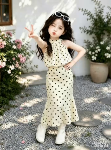 Set áo bị cổ yếm phối chân váy đuôi cá dáng dài cho bé gái (7-22kg) vải cotton 4d thun con dãn
