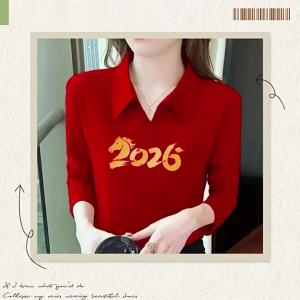 HUAXUNRAN | Festive Red Long Sleeve Cotton T-Shirt