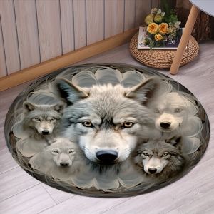 VIKAMA Luxury Modern Wolf Pattern Round Rug Living Room Bedroom Rug Game Room Sofa Chair Floor Mat Home Decor