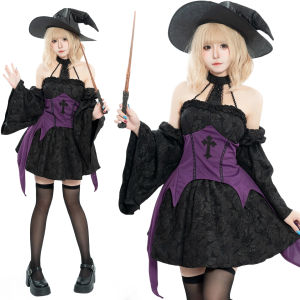 Gothic Witch Skirt Outfit Dark Fantasy Style Hanging Neck Dress Short Mini Dress Womens Cosplay Costume Happy Yi Jia Brand