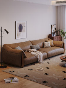Oil Wax Leather Sofa First Layer Cowhide Italian Style Normcore Living Room Small Apartment Combination Scandinavian Retro Straight Row