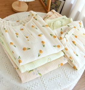 Spring Summer Thin Pure Cotton Double Layer Muslin Nightgown Women round Neck Long Sleeve Hooded Floral Print Country Beige Home Clothes