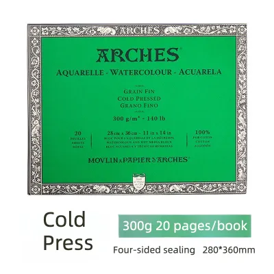 France Arches 100% Cotton 300g Watercolor Paper - 20 Sheets Natural White Sketchbook Block for Artists & Students