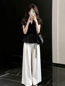 ZHENMANZI | Slimming Black Fitted Top and Wide Leg Trousers Set