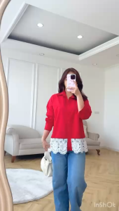 SJM KEMEJA MERAH PUTIH BROKAT WANITA LENGAN PANJANG KATUN POPLIN OVERSIZED 2960