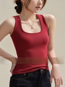 MiiOW | Áo ba lỗ không tay màu đỏ thêu cổ chữ U cho nữ Áo ba lỗ mùa hè thường ngày bằng cotton pha trộn cotton polyester