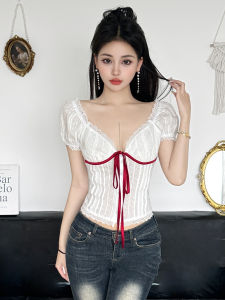 French Lace Trim Bubble Sleeve V-neck T-shirt Women Summer Versatile Belted Bow Tie Slimming Top Sweet And Spicy Style Short Sleeve