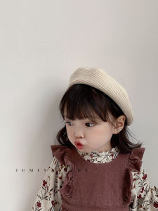 หมวกเบเร่ต์ถักนิตติ้งสำหรับเด็กผู้หญิงสไตล์เกาหลีฤดูใบไม้ร่วง หมวกสีพื้น หมวกผ้าฝ้ายแบบสวมหัว