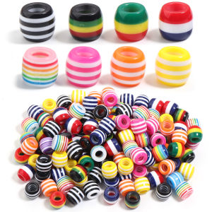 50pcs Rainbow Color Stripe Pattern Barrel Shape Resin Beads for Jewelry Making Big Hole Loose Spacer Beads DIY Bracelet Necklace
