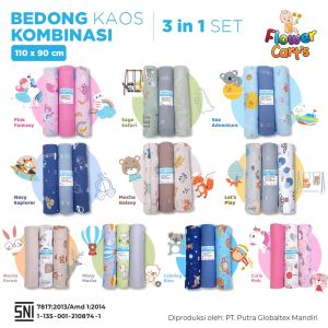 TOMS FLOWER CARTS (1pack isi 3pcs) Bedong Kaos 3in1 Kombinasi 110x90 cm | Bedong Selimut Bayi
