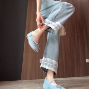 กางเกงยีนส์ทรงตรงเอวสูงผ้าฝ้ายผสมสำหรับผู้หญิง กางเกงขายาวทรงหลวมขาตรงลายดอกไม้สีอ่อน ฤดูร้อน เสื้อผ้าทำงาน ลำลอง สำหรับสาวๆ