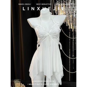 Comfortable Ice Silk Butterfly Knot Sleep Dress Fairy Pure Desire Style Short Sleeve V-Neck Home Clothes for Young Women