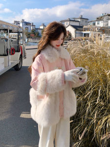 Thickened Faux Fur Trimmed Womens Parka Coat Pink Chinese Style Splicing Design Winter New Arrival Small Size Polo Collar