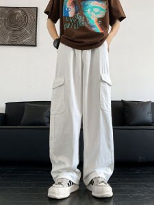 กางเกงทำงานทรงหลวมสไตล์อเมริกันย้อนยุคสีขาวสำหรับผู้ชาย Cleanfit กางเกงขายาวทรงหลวมหลายกระเป๋า กางเกงขายาวลำลอง