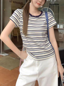 Áo Thun Cotton Tay Ngắn Ôm Vừa Vặn Cổ Tròn Họa Tiết Sọc Phong Cách Hàn Quốc Dành Cho Nữ Mùa Hè Thường Ngày