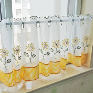 Short Embroidered Curtain Half Curtain Kitchen Window Curtain Translucent Country Style Polyester Material Pole Mounted
