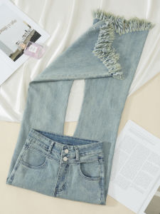 Light Wash High Waist Bell Bottom Jeans Womens Spring Autumn New Small Size Nine Point Flared Pants Tassel Floor Length