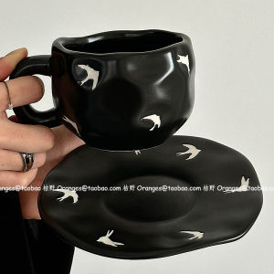 Retro Orange Ceramic Coffee Cup Set with Lid for Afternoon Tea And Latte Small Audience Gift Limited Edition Black And White