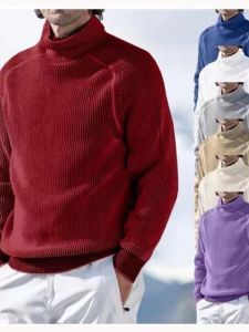 Mens High Neck Warm Knit Sweater Casual Basic Long Sleeve Top Polyester Fiber Soft Loose Fit Daily Wear Thermal Knitted Shirt