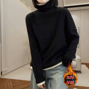 เสื้อยืดคอปกสูงผ้าเดนิมหนาสำหรับผู้หญิง เสื้อชั้นในฤดูใบไม้ร่วง/ฤดูหนาว ไซส์ใหญ่ เสื้อตัวบนสองชิ้นปลอมระดับไฮเอนด์