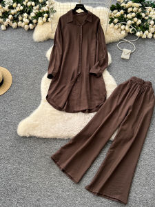 Laid-back Style Casual Set Womens Korean Fashion Loose Midi Long Sleeve Shirt Dress High Waist Wide Leg Pants