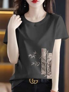 Slimming Pure Cotton Short Sleeve T-Shirt Women Summer Casual Print Artistic Style Fashionable Hollow out Design Top Shirt