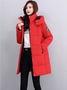 เสื้อแจ็คเก็ตขนเป็ดสีแดงทรงยาวปานกลางสำหรับผู้หญิง ทรงหลวม ทรงเข้ารูป แขนยาว ทรงเข้ารูป แฟชั่นฤดูหนาว ทรงเข้ารูป