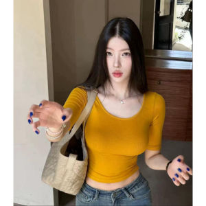 YUEZHONGWEI | Yellow U-Neck Short Sleeve T-Shirt Cropped Edgy Style Cinching Waist