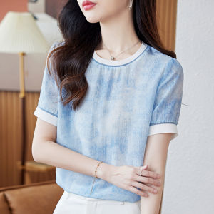 NVSHENJI | เสื้อยืดไหมแขนสั้นหลวมๆ สำหรับผู้หญิง เสื้อผ้าทำงานสไตล์เกาหลี แขนสั้น ทรงหลวม ผ้าไหม ฤดูร้อน 2023