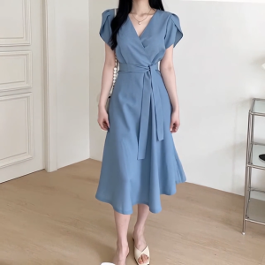 summer korean fitted long elegant blue formal beach outfit fairy beach dress for woman casual plus size