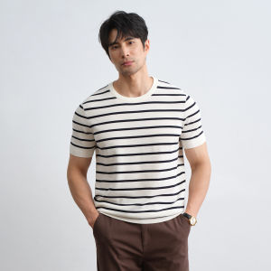SIMWETO | Luxury Silk Stripe Resort Casual Short Sleeve Mens T Shirt