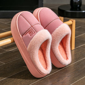 Fleece Lined Anti-Slip Couple Home Slippers Womens Warm Indoor Cotton Slippers Leather Surface Half Cover Heel Home Shoes