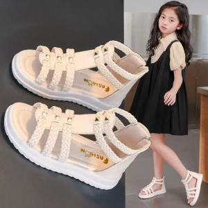 Genuine Leather Roman Style Girls Sandals Soft Bottom Princess Shoes Summer Anti-Slip Childrens Footwear for Girls Age 7-12