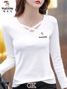 เสื้อยืดคอวีแขนยาวผ้าฝ้ายบางสไตล์ใหม่สำหรับผู้หญิง เสื้อชั้นในทรงเข้ารูป ลดอายุ ดีไซน์เก๋ไก๋ สไตล์เกาหลี ฤดูใบไม้ร่วง