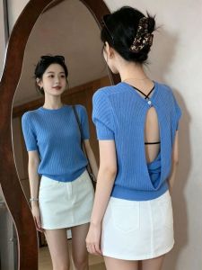 V.C.I | French Style Open Back Hollow Out Ice Silk T-Shirt