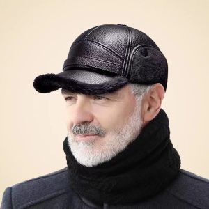 Autumn Winter Warm Leather Hat for Men High Quality Old Head Cap Fleece Lining Cold-Proof Dad Ear Protection New Middle-aged Hat