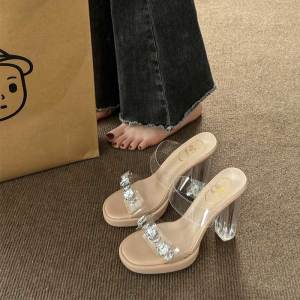 YX | Transparent Chunky Heeled Sandals Fashion Rhinestone Fairy Style Crystal Outwear