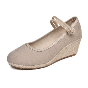 Chinese Style Linen High Heel Flats Embroidered Shoes Ethnic Style Old Beijing Cloth Shoes Womens Wedge Shoes Han Chinese Clothing Shoes