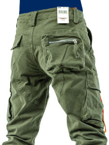 Yezoe Military Green Work Pants Mens Loose Straight Leg Casual Trousers Multiple Pockets Autumn Winter Thickened Cotton Blend