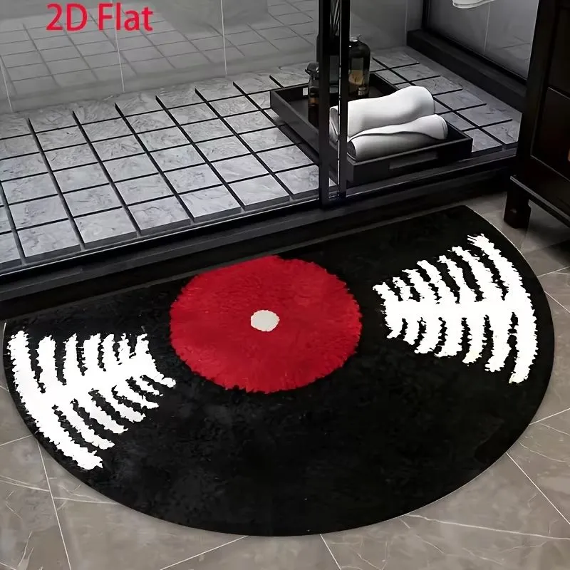 VIKAMA Vinyl Record Half Round Rug Black Red Print Non Slip Mat