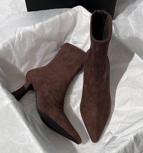 Brown Short Boots Womens High Heel Elastic Velvet Surface Pointed Toe Slim Fit Boots French Style Spring Autumn New Arrival