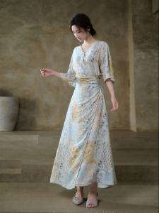 JK&JS | Vintage Chinese Style Silk-Linen V-Neck Bell Sleeve Waist-Hugging Long Dress