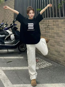 Retro American Black Short Sleeve T-Shirt Womens Loose Oversize Versatile Summer Couples Clothing Cotton round Neck Top