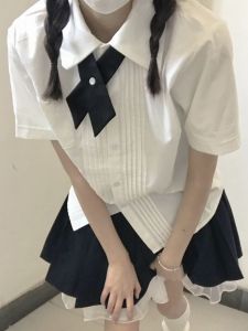 เสื้อเชิ้ตแขนสั้นสไตล์ญี่ปุ่น JK สำหรับผู้หญิง ชุดไปงานวิทยาลัยแบบพื้นฐาน ชุดเดรสสั้นผ้าฝ้ายผสมลายจุด สไตล์หวาน