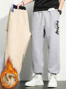 ROMON | Romon Mens Fleece Lined Sweatpants Thickened Winter Sports Casual Long Trousers Loose Fit Cuffed Warm Lamb Velvet Autumn Winter
